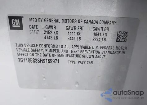 2017 Chevrolet Impala 1Lt from USA, damaged, VIN 2G1105S33H9159971